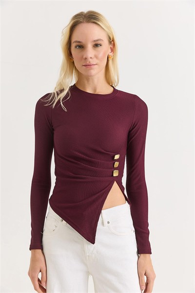 Bordo Tokalı Yırtmaçlı Fitilli Bluz