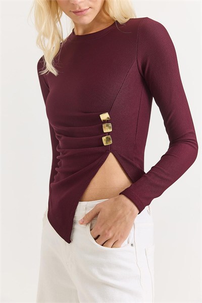 Bordo Tokalı Yırtmaçlı Fitilli Bluz