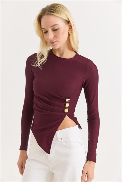 Bordo Tokalı Yırtmaçlı Fitilli Bluz