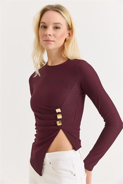 Bordo Tokalı Yırtmaçlı Fitilli Bluz