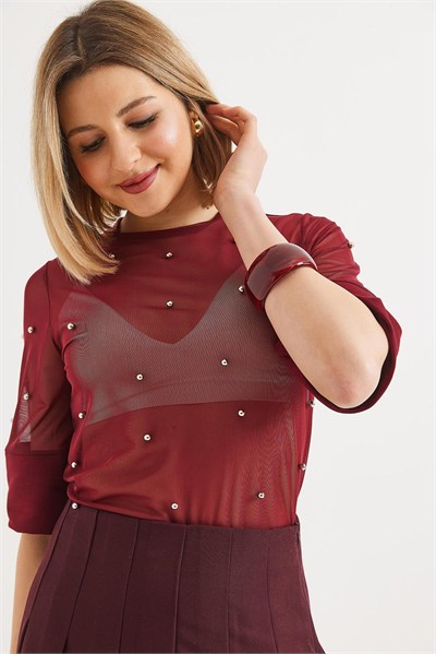 Bordo İncili Transparan Tül Bluz