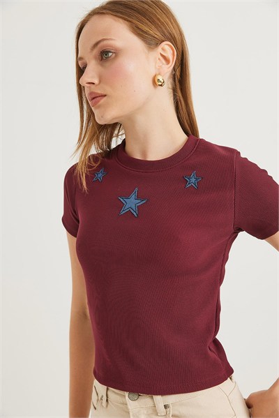 Bordo Yıldız Detaylı Crop Bluz