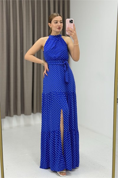 Saks Puantiyeli Beli Bağlamalı Elbise