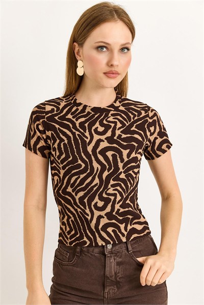 Kahverengi Zebra Desen Fitilli Bluz