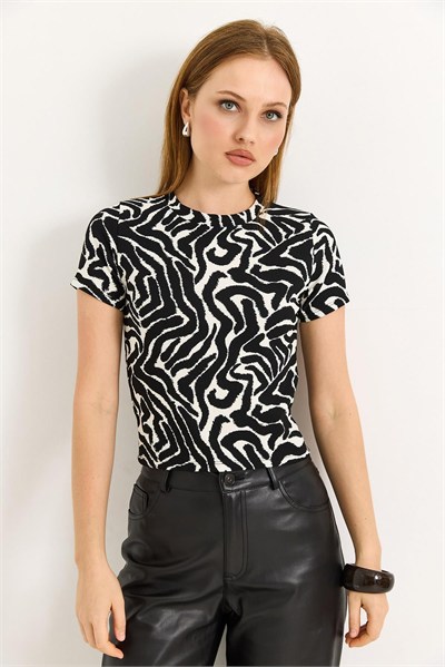Siyah Zebra Desen Fitilli Bluz