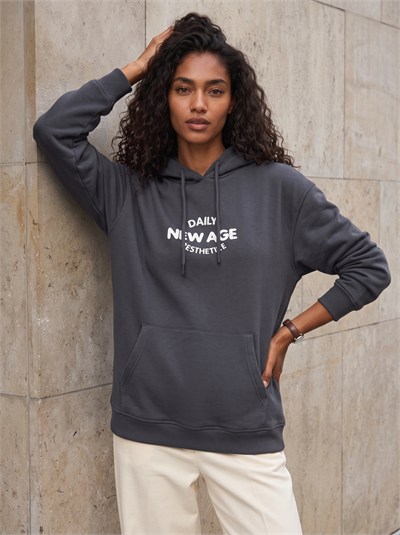 Antrasit Oversize Kapüşonlu Sweatshirt