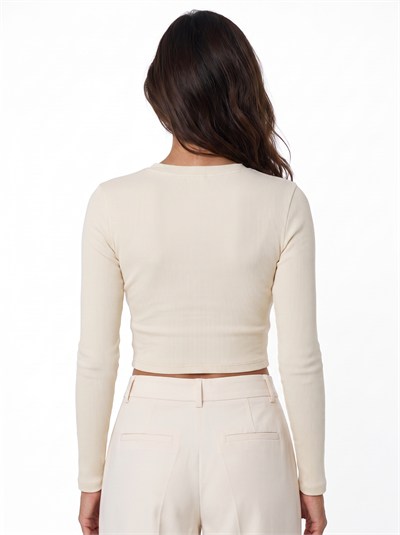 Bej Baskılı Kaşkorse Crop Bluz