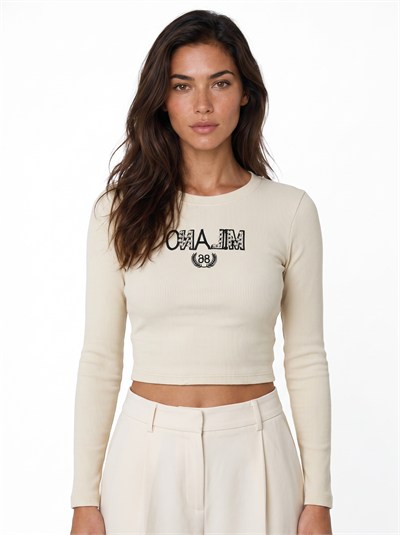 Bej Baskılı Kaşkorse Crop Bluz