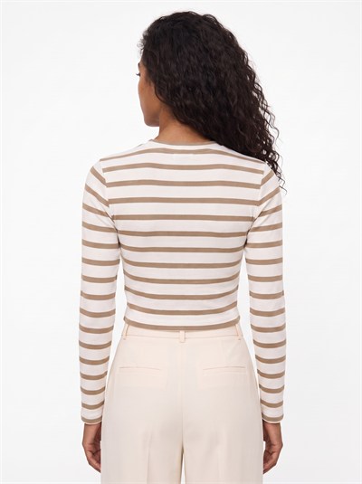 Bej Çizgili Crop Bluz