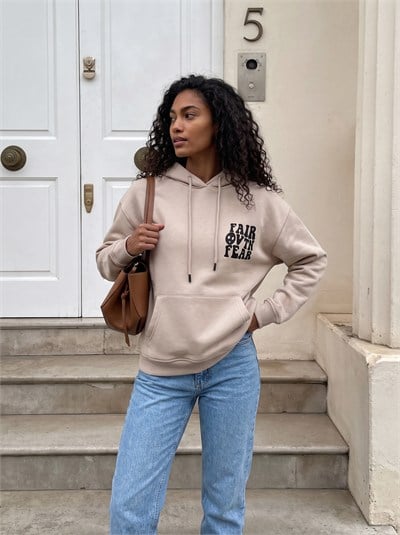 Bej Oversize Kapüşonlu Sweatshirt
