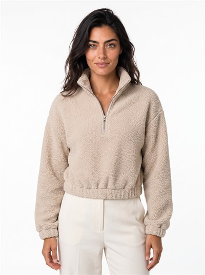 Bej Yarım Fermuarlı Sweatshirt