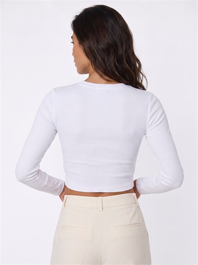 Beyaz Baskılı Kaşkorse Crop Bluz