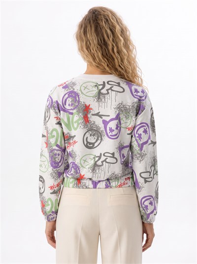 Beyaz Bisiklet Yaka Desenli Sweatshirt