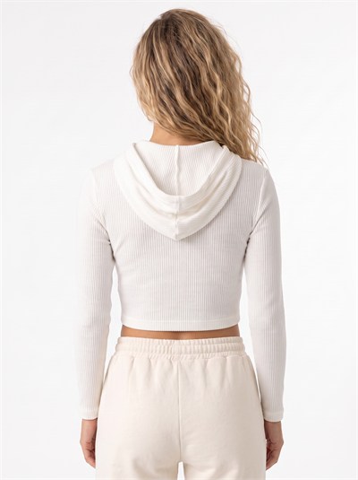 Beyaz Kapüşonlu Kaşkorse Crop Bluz