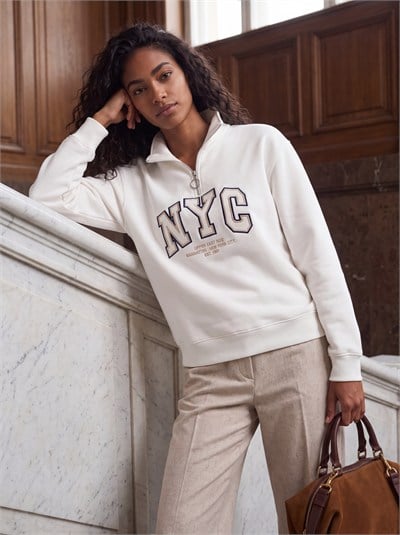Beyaz Nakışlı Fermuarlı Oversize Sweatshirt