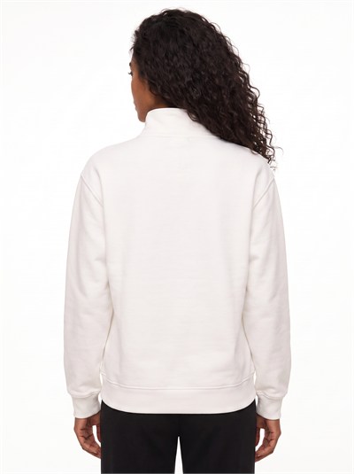 Beyaz Nakışlı Fermuarlı Oversize Sweatshirt