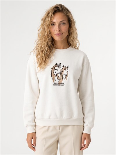 Beyaz Nakışlı Üç İplik Sweatshirt