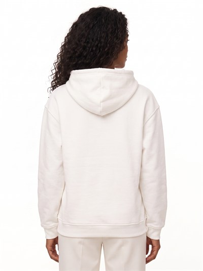 Beyaz Oversize Baskılı Kapüşonlu Sweatshirt
