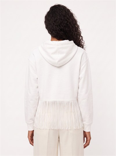 Beyaz Saçaklı Kapüşonlu Sweatshirt