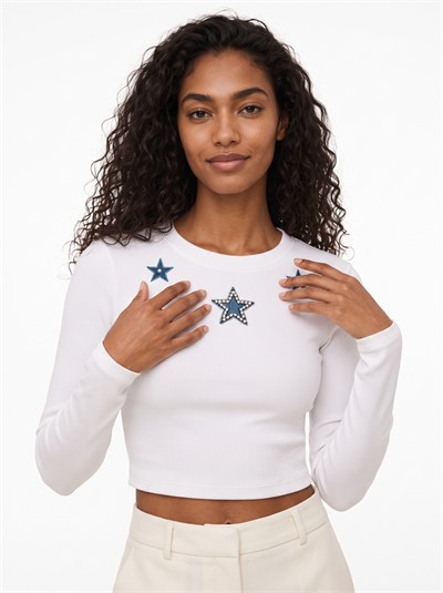 Beyaz Yıldız Nakışlı Crop Bluz