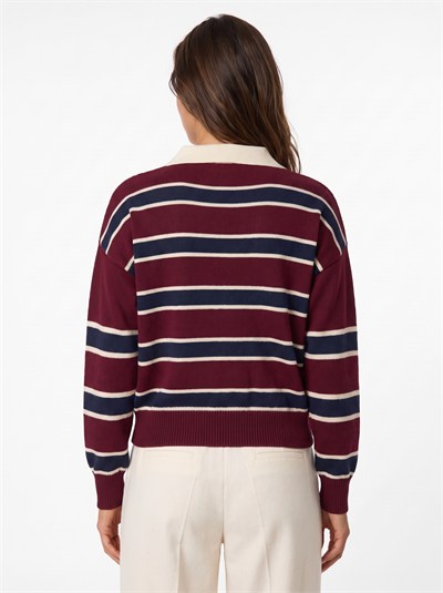 Bordo Çizgili Polo Yaka Kazak