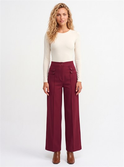 Bordo Düğme Detaylı Bol Pantolon