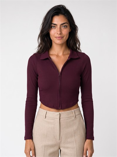 Bordo Fermuarlı Fitilli Crop Bluz