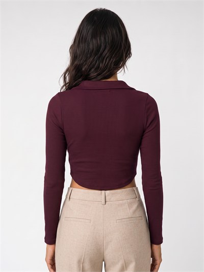 Bordo Fermuarlı Fitilli Crop Bluz