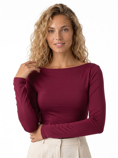 Bordo Geniş Yaka Likralı Bluz