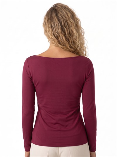 Bordo Geniş Yaka Likralı Bluz