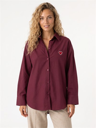 Bordo Kalp Nakışlı Oversize Gömlek