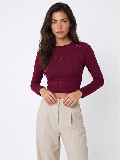 Bordo Kurdeleli Crop Bluz