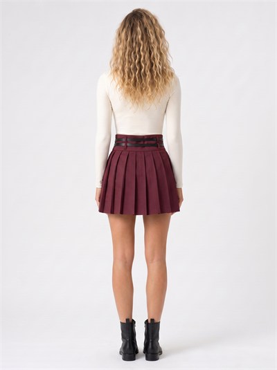 Bordo Pileli Kemerli Mini Etek