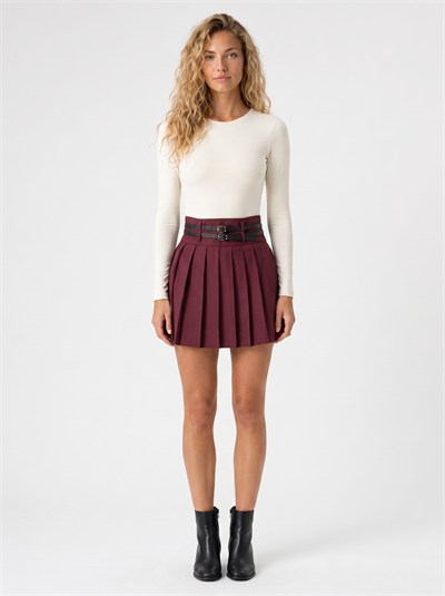 Bordo Pileli Kemerli Mini Etek