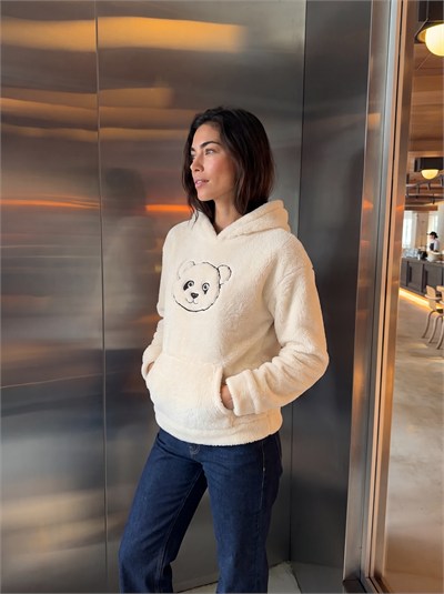 Ekru Nakışlı Peluş Sweatshirt