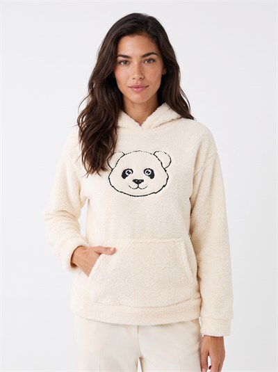 Ekru Nakışlı Peluş Sweatshirt