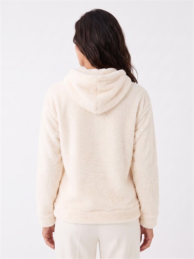 Ekru Nakışlı Peluş Sweatshirt