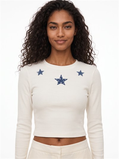 Ekru Yıldız Nakışlı Crop Bluz