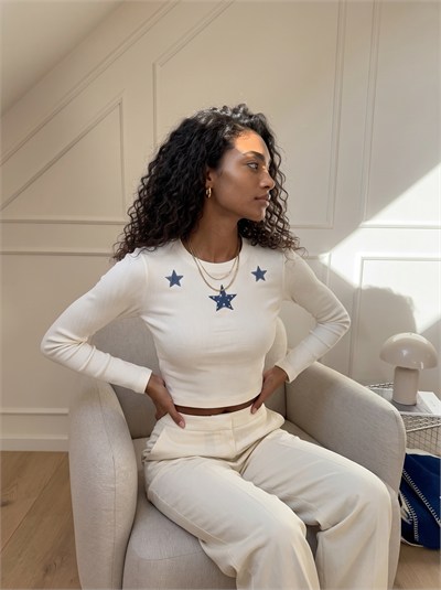 Ekru Yıldız Nakışlı Crop Bluz