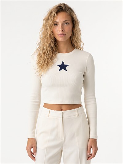 Ekru Yıldız Nakışlı Crop Bluz