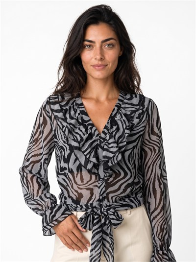 Füme Zebra Desen Fırfırlı Bluz