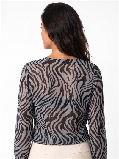Füme Zebra Desen Fırfırlı Bluz