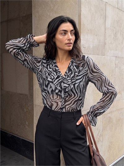 Füme Zebra Desen Fırfırlı Bluz
