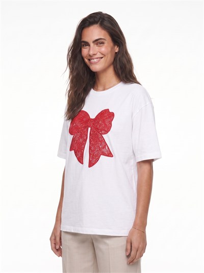 Beyaz Fiyonk Baskılı Oversize Tişört