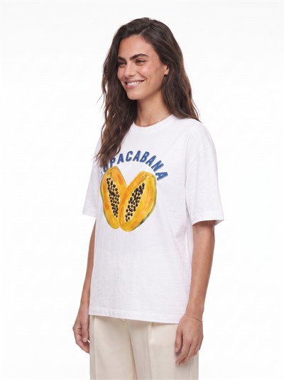 Beyaz Papaya Baskılı Oversize Tişört