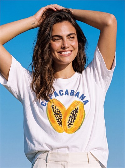 Beyaz Papaya Baskılı Oversize Tişört