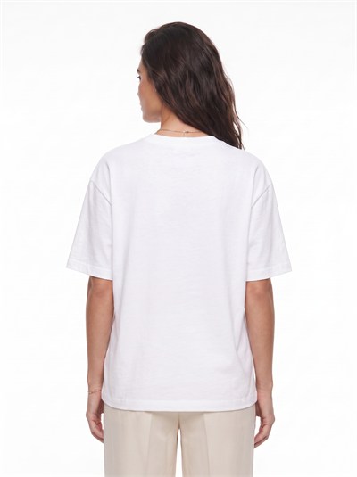 Beyaz Papaya Baskılı Oversize Tişört