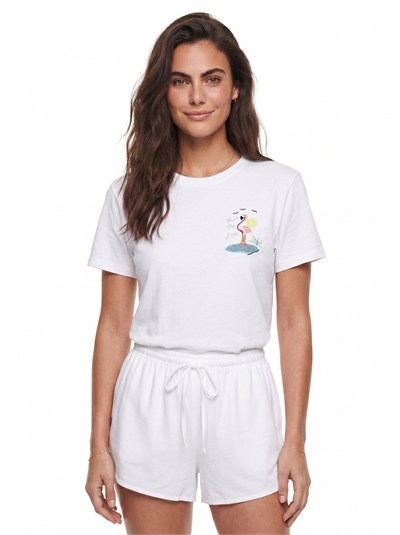 Beyaz Flamingo Nakışlı Pamuklu Tişört