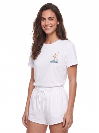 Beyaz Flamingo Nakışlı Pamuklu Tişört