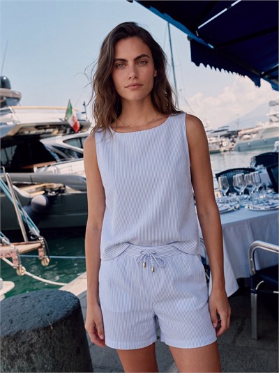 Beyaz Lacivert Çizgili Pamuklu Takım